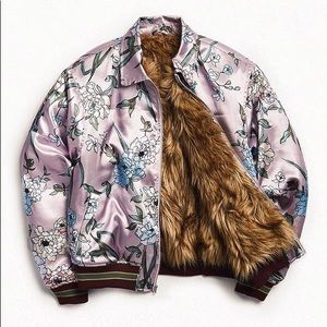 Fur-Lined Satin Bomber -  w/ Sweet Floral Print